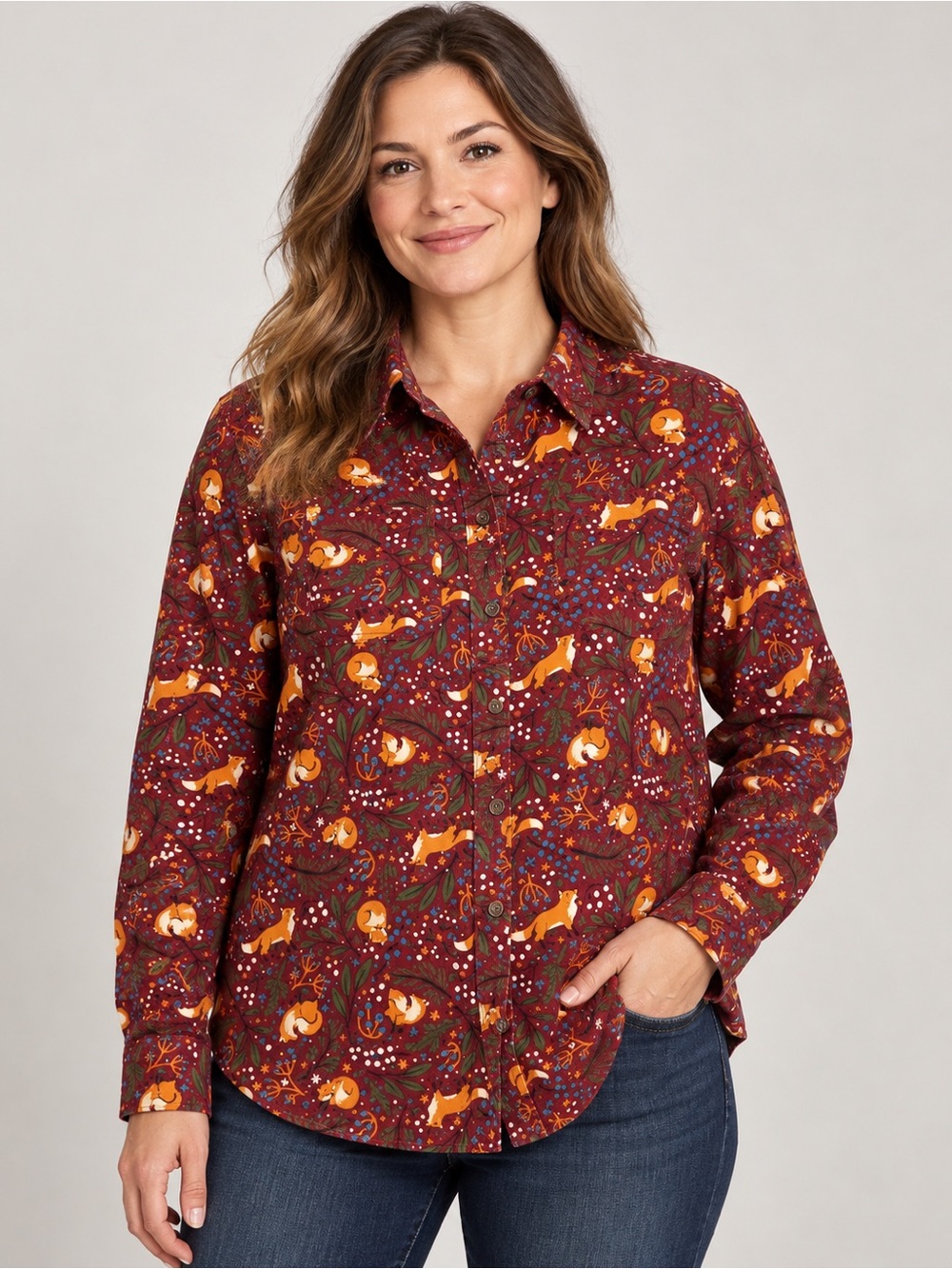 Duluth Trading Free Swingin’ Flannel XL Fox Woodland Print Soft Cotton Shirt
